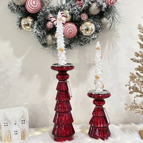 Christmas Holiday Tree Tired Red Mercury Glass Pillar Candle Tapers Holder PAIR - Picture 8 of 10